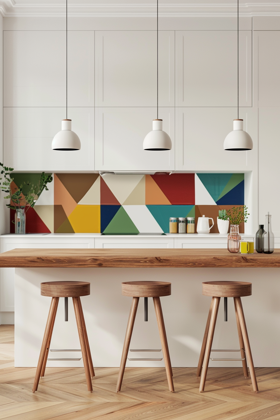 Sculptural trailer lights over kitchen island