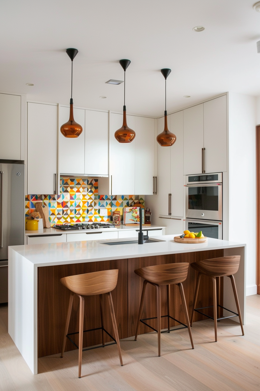 Sculptural trailer lights over kitchen island