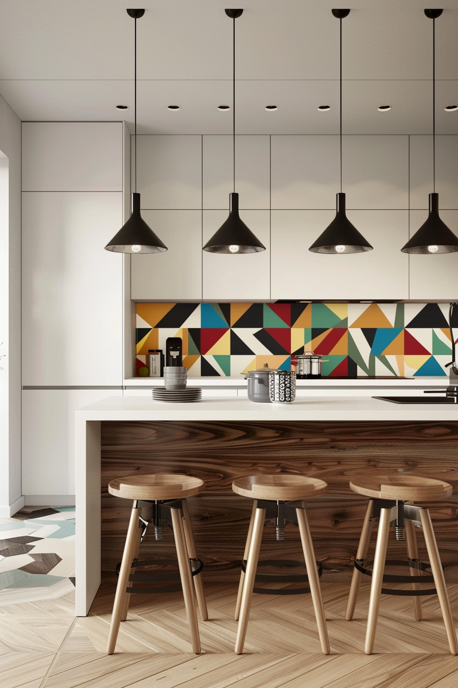 Sculptural trailer lights over kitchen island