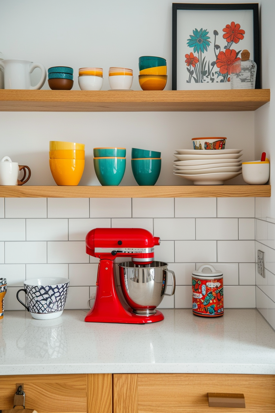 Colorful kitchen dishes on open shelves