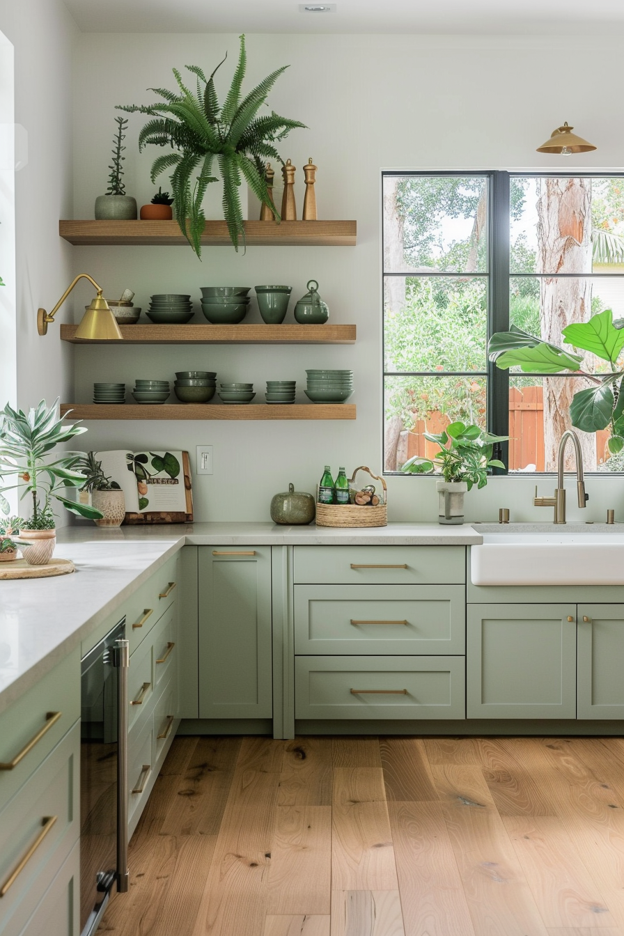 Green cupboards with natural wooden areas