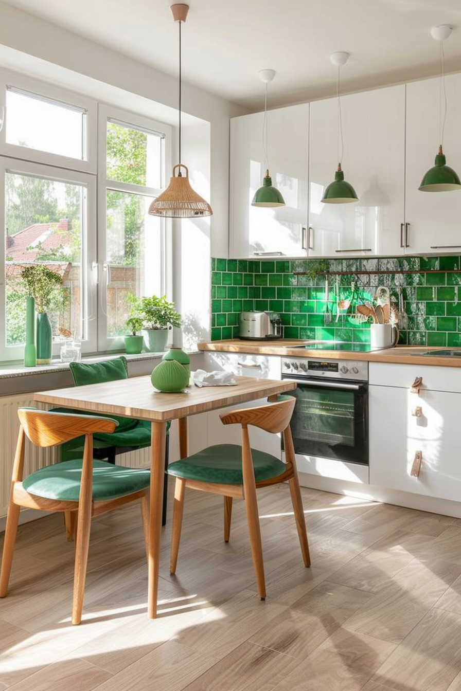 Emerald green tiles and pot herbs