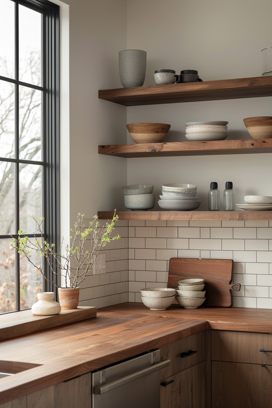 Natural wood cabinets in walnut