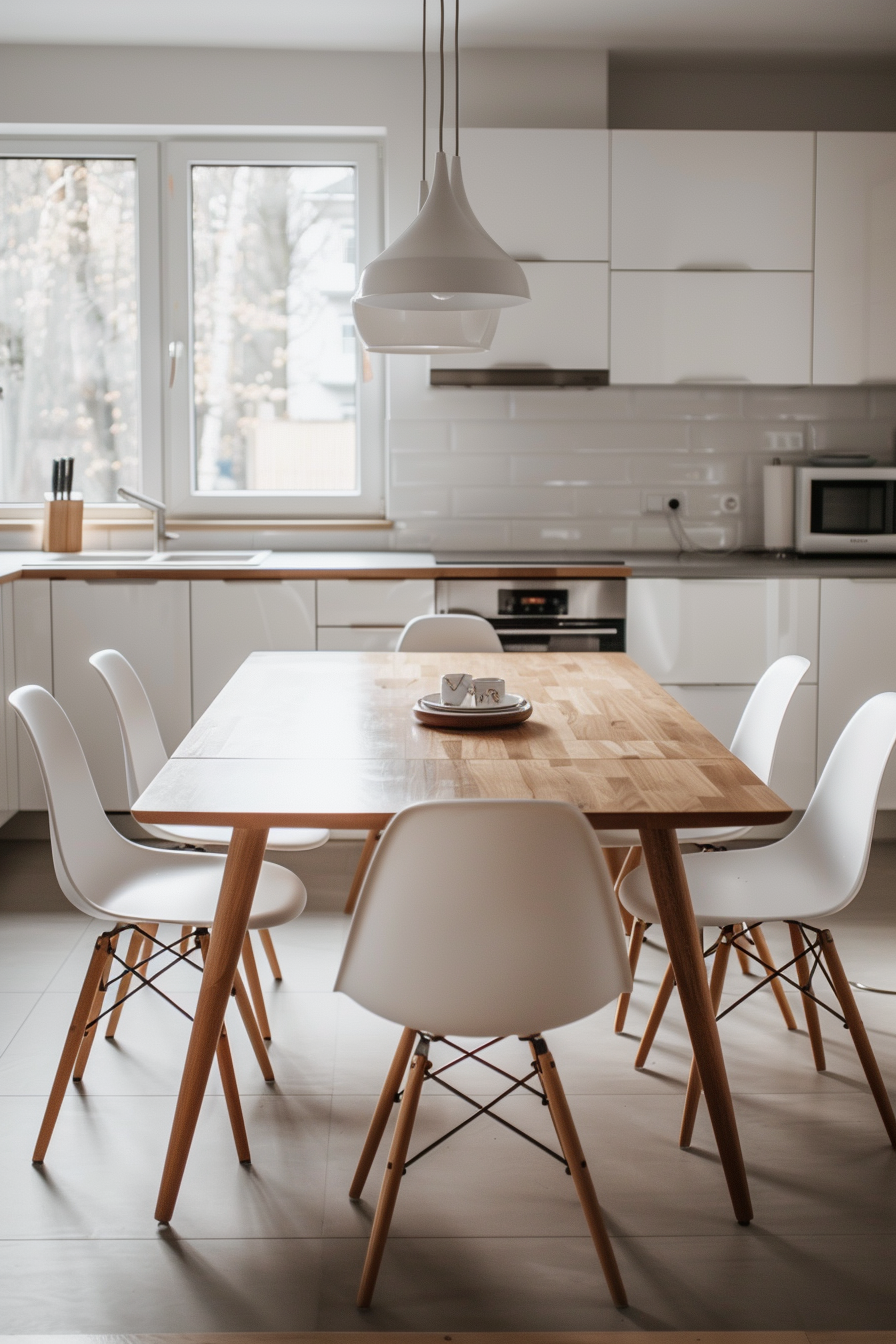 Eames chairs at the wooden table around wood