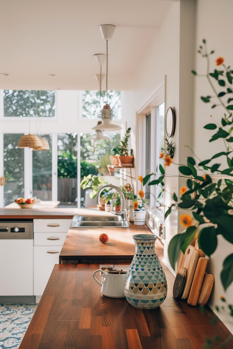 Framed vintage ads in a modern kitchen in the middle of the century