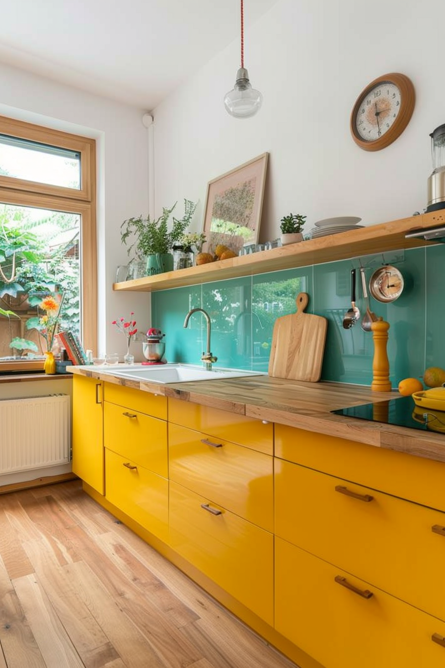 Mustard yellow cupboards with a blue -green back splash