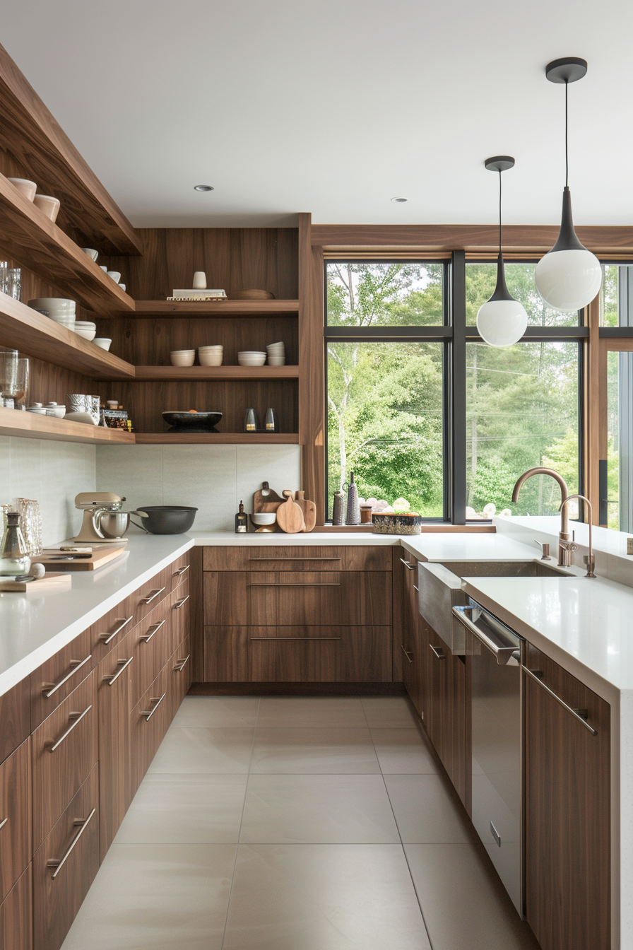 Open shelves with colorful kitchen goods