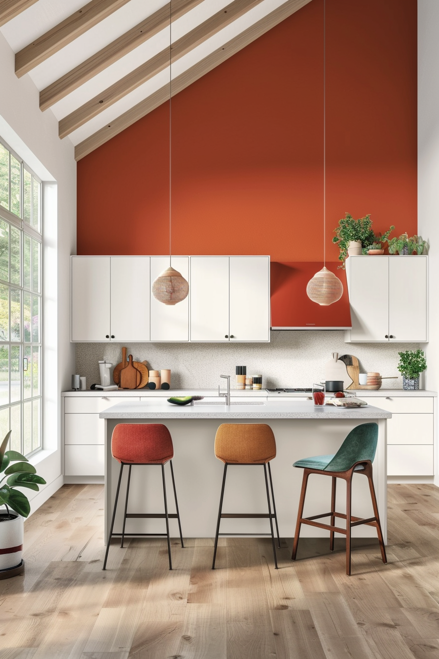 Burned orange feature wall with white cupboards