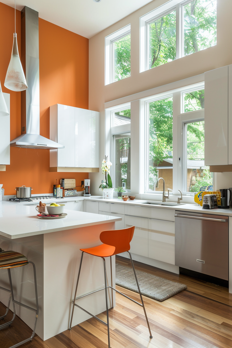 Burned orange feature wall with white cupboards