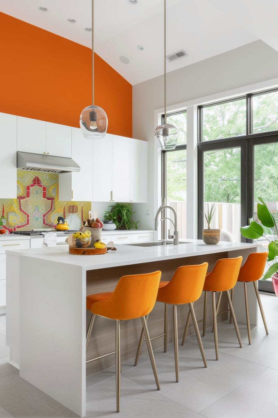 Burned orange feature wall with white cupboards