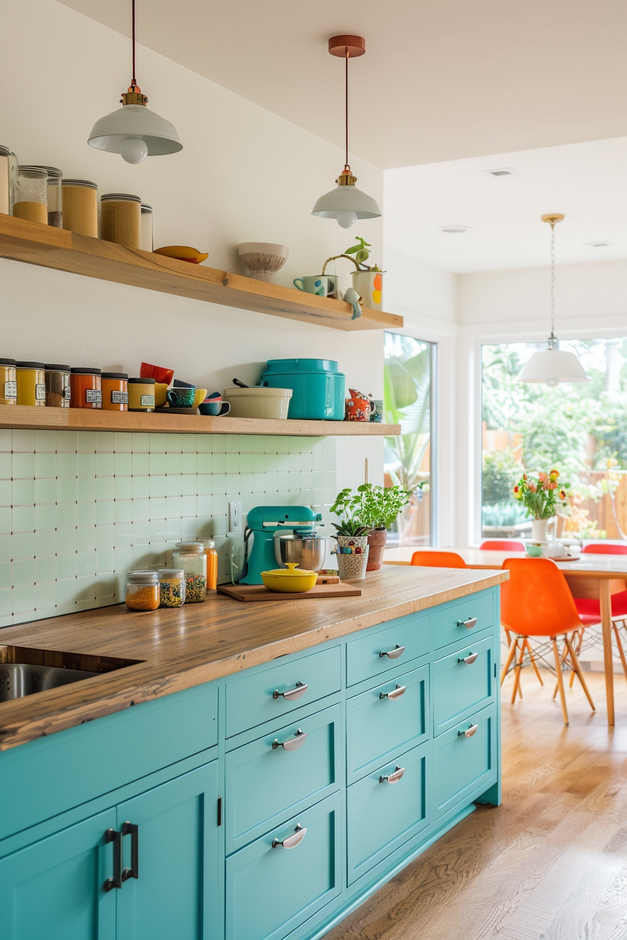 Blue -green cupboards with avocado -green tiles