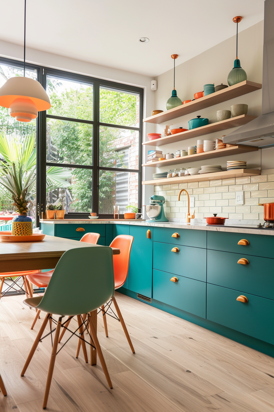 Blue -green cupboards with avocado -green tiles