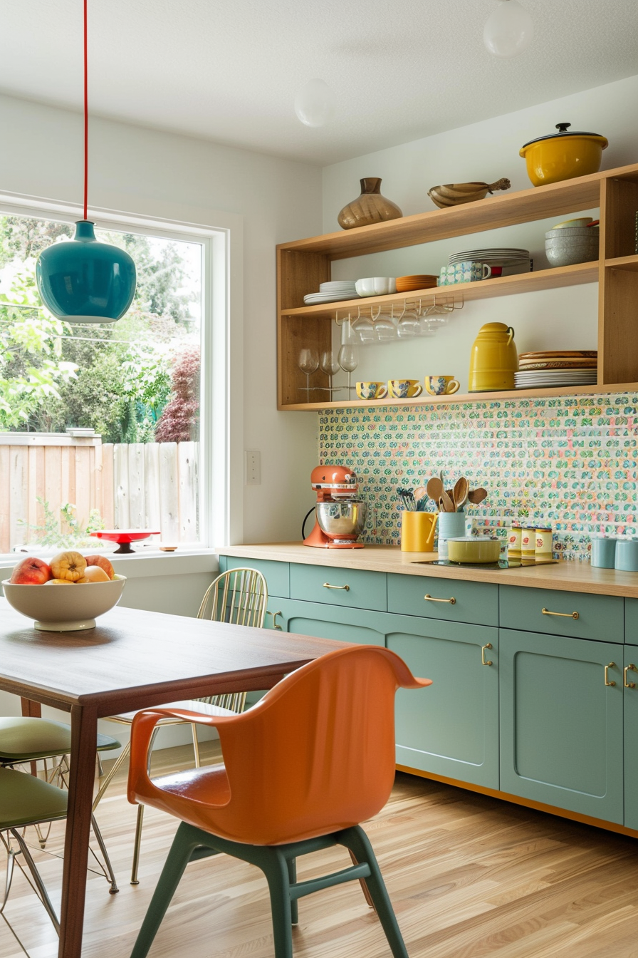 Blue -green cupboards with avocado -green tiles