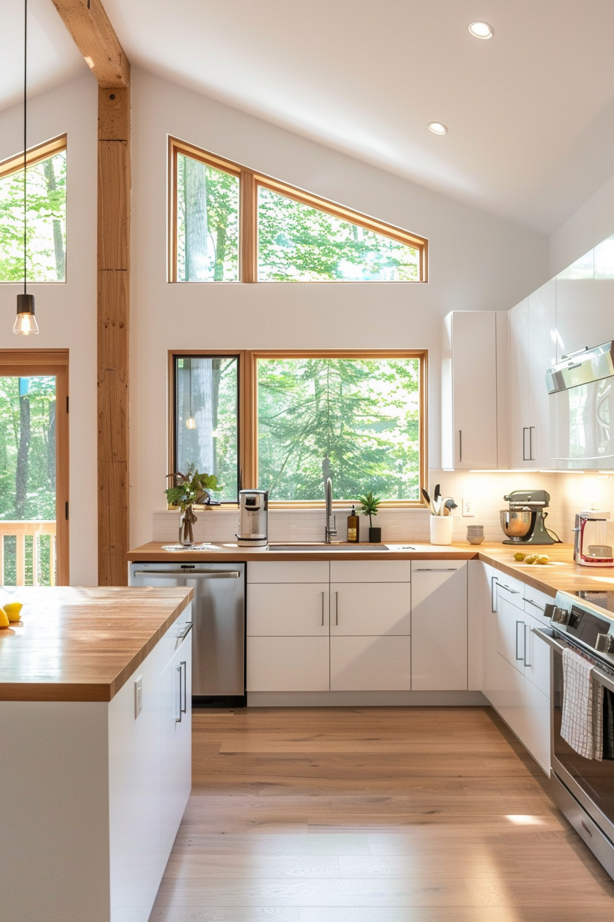 Slim white cupboards with a light wooden worktop