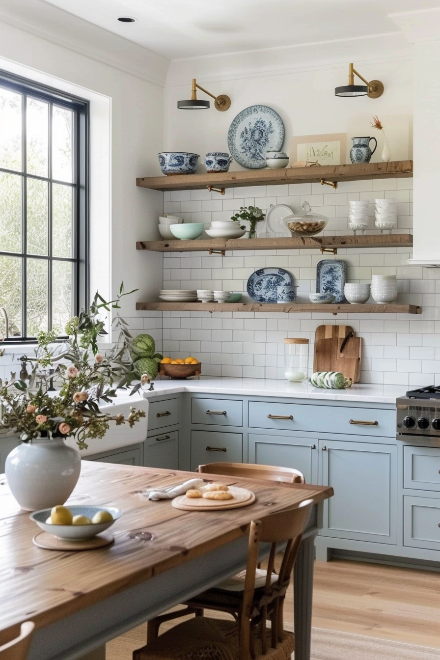 Subtle French blue accents in kitchen decoration