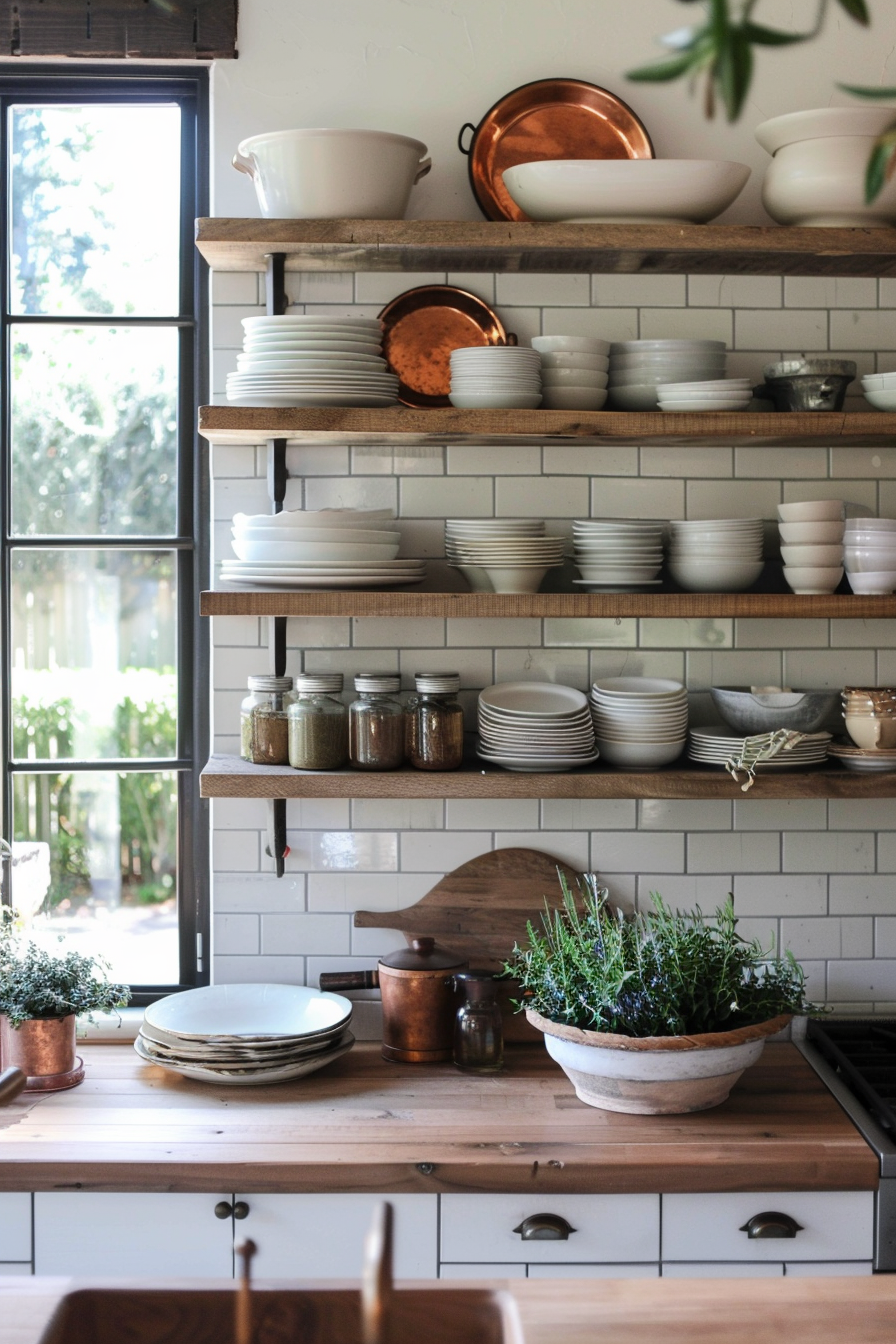 Wood open shelves with ceramic plates and glass glasses