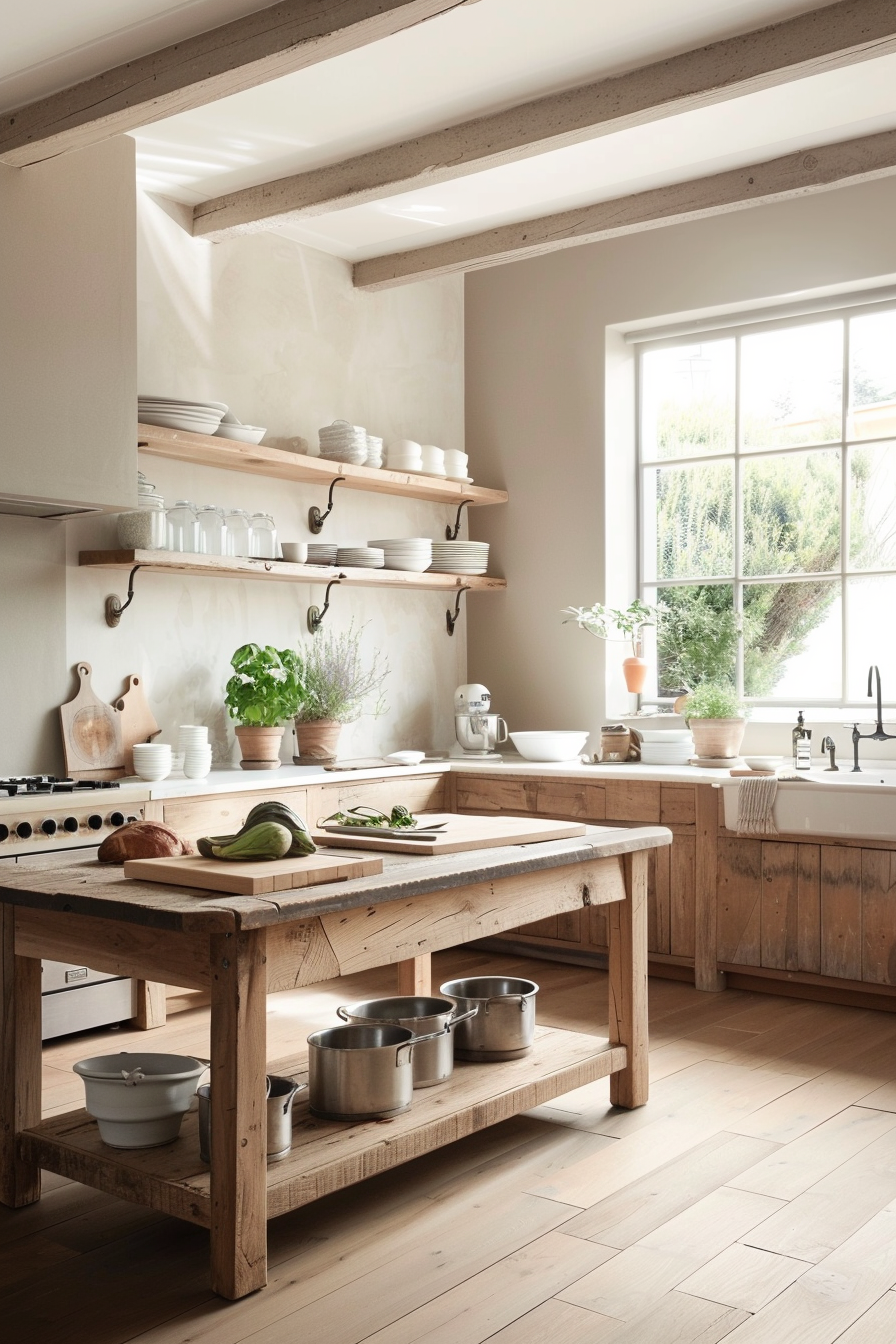 Wooden cupboards and a farmhouse table