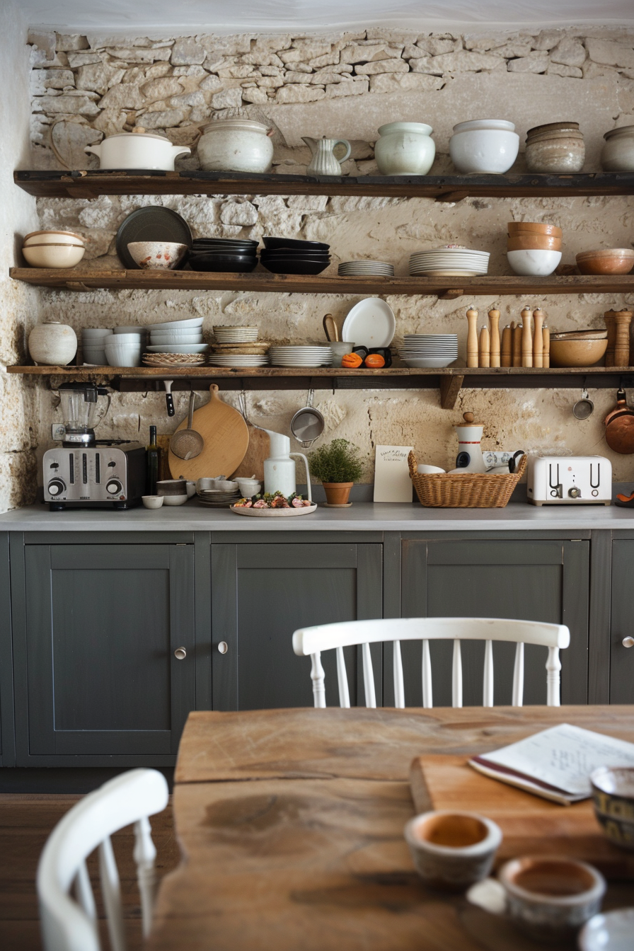 Open shelves with a mixture of French ceramics and cookware