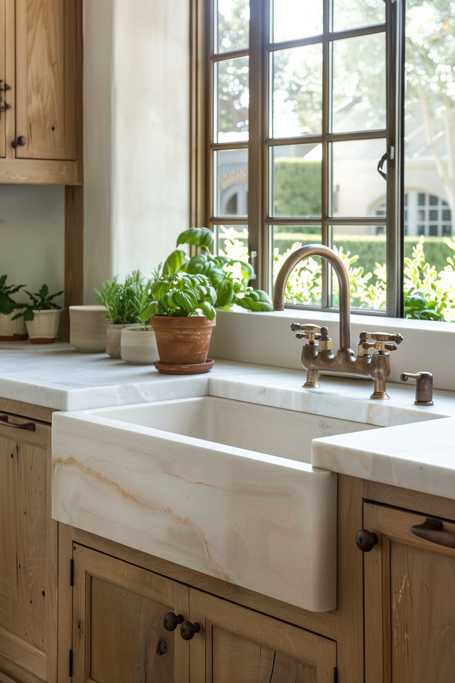 Farmhouse sink with marble slabs and fresh flowers