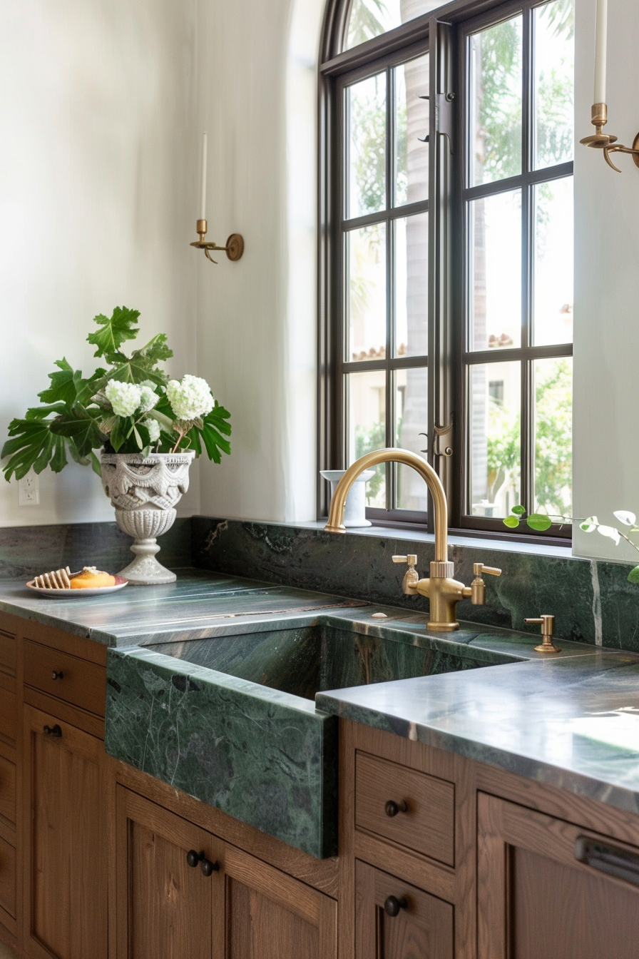 White Marmor worktops with brass lights