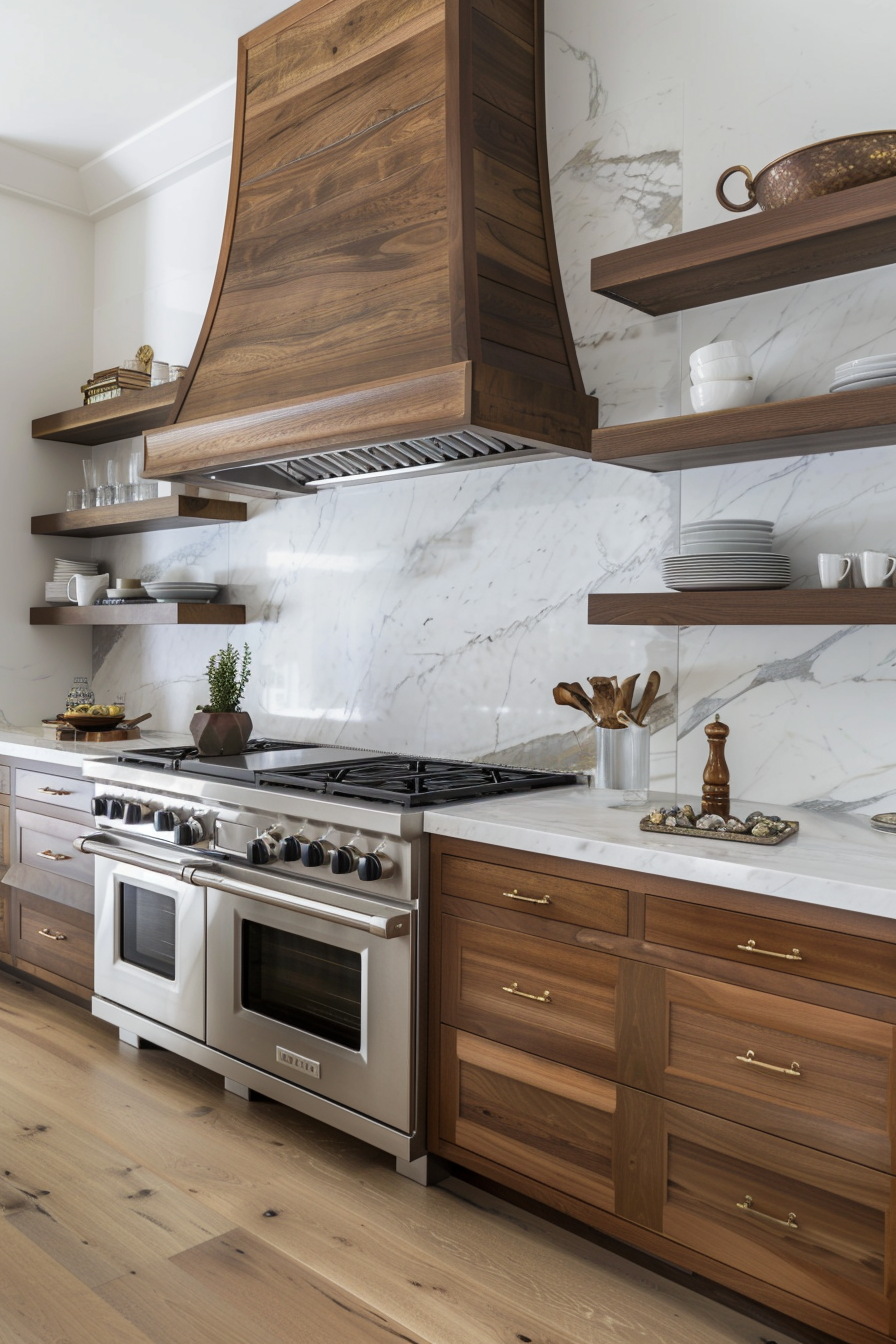 Dark green marble slabs with wooden elements