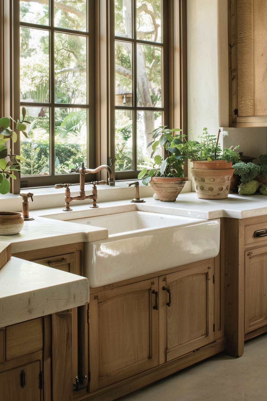 Stainless steel apron front sink with custom -made cupboards