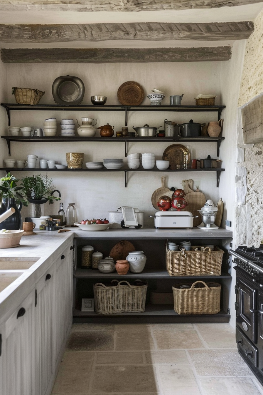 Organized open shelves with baskets and containers