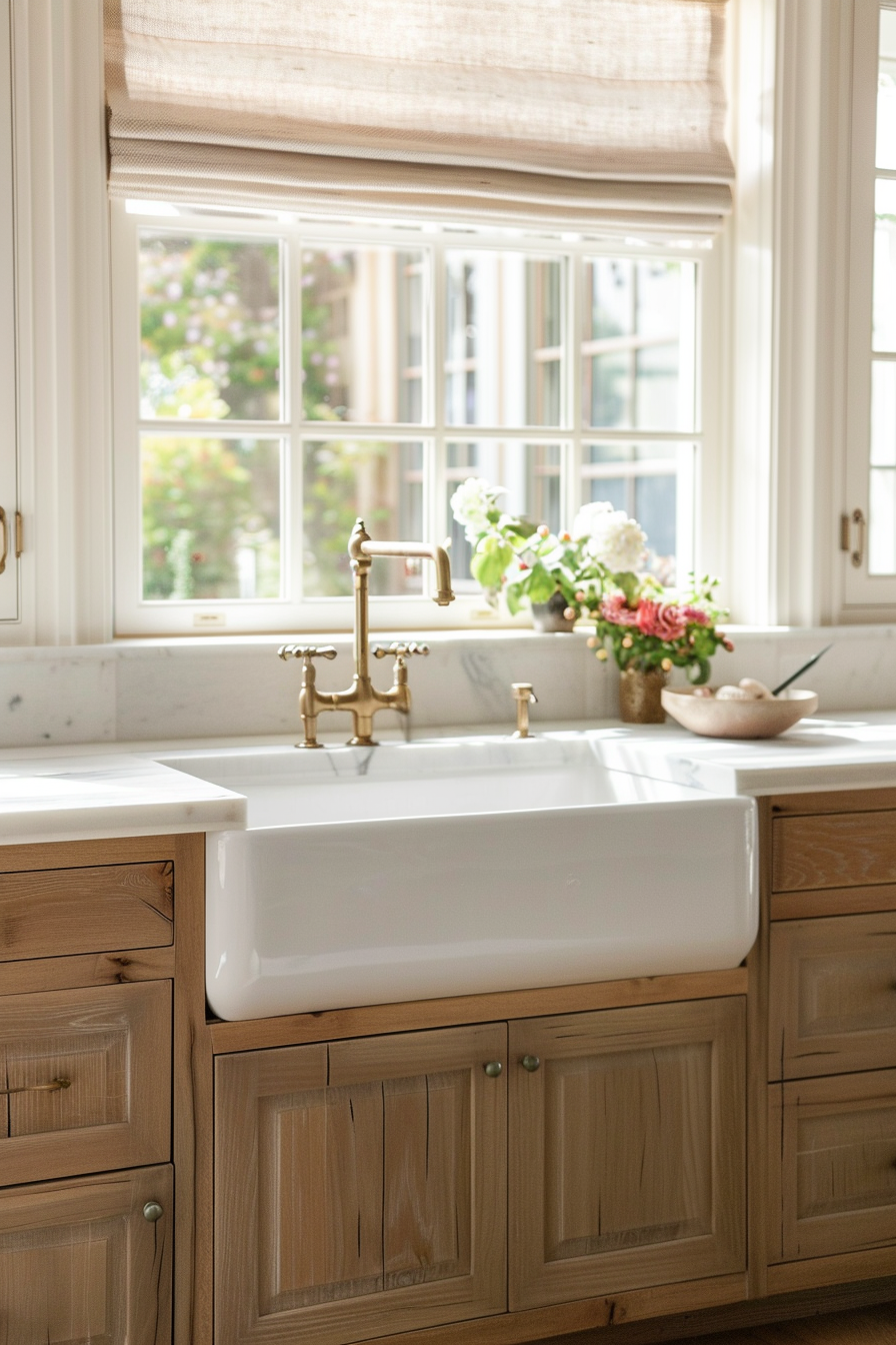 Porcelain farmhouse sink with brass devices