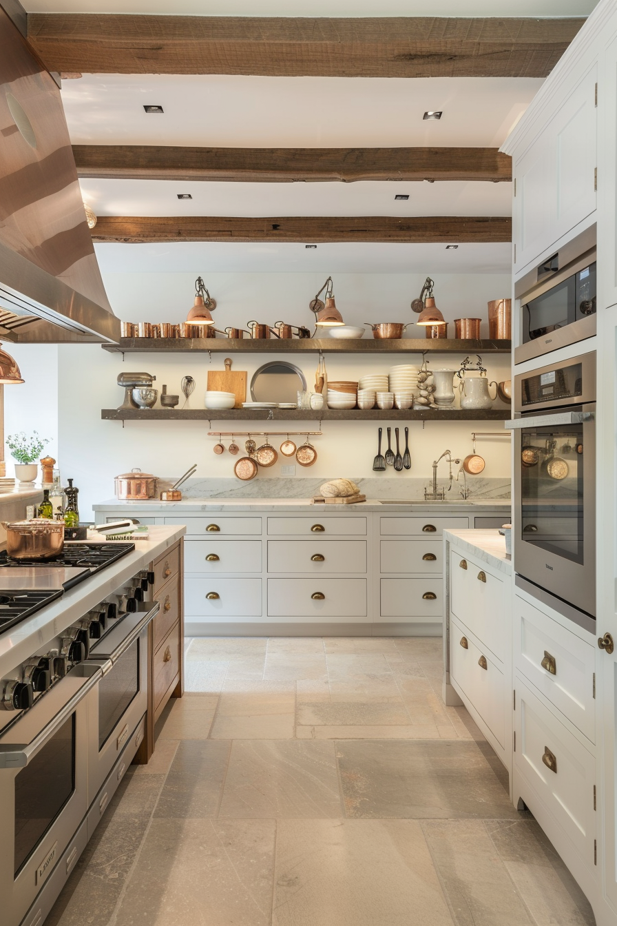 Copper handles on white cupboards in French cuisine