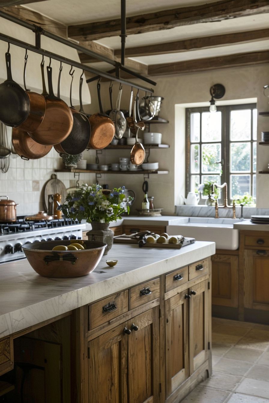 Copper pots and pans that hang in French cuisine