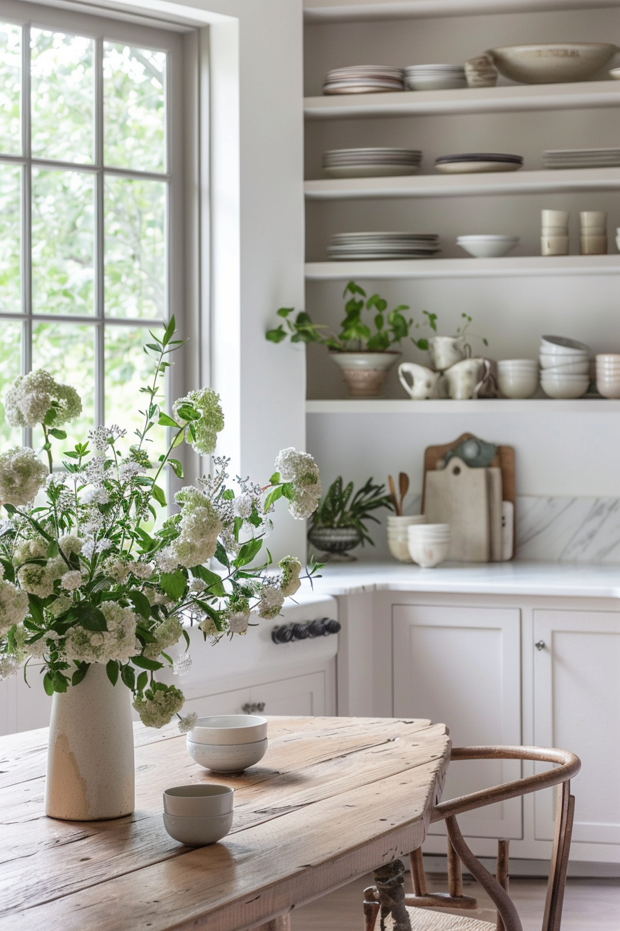 Vase of the fresh flowers on a wooden table