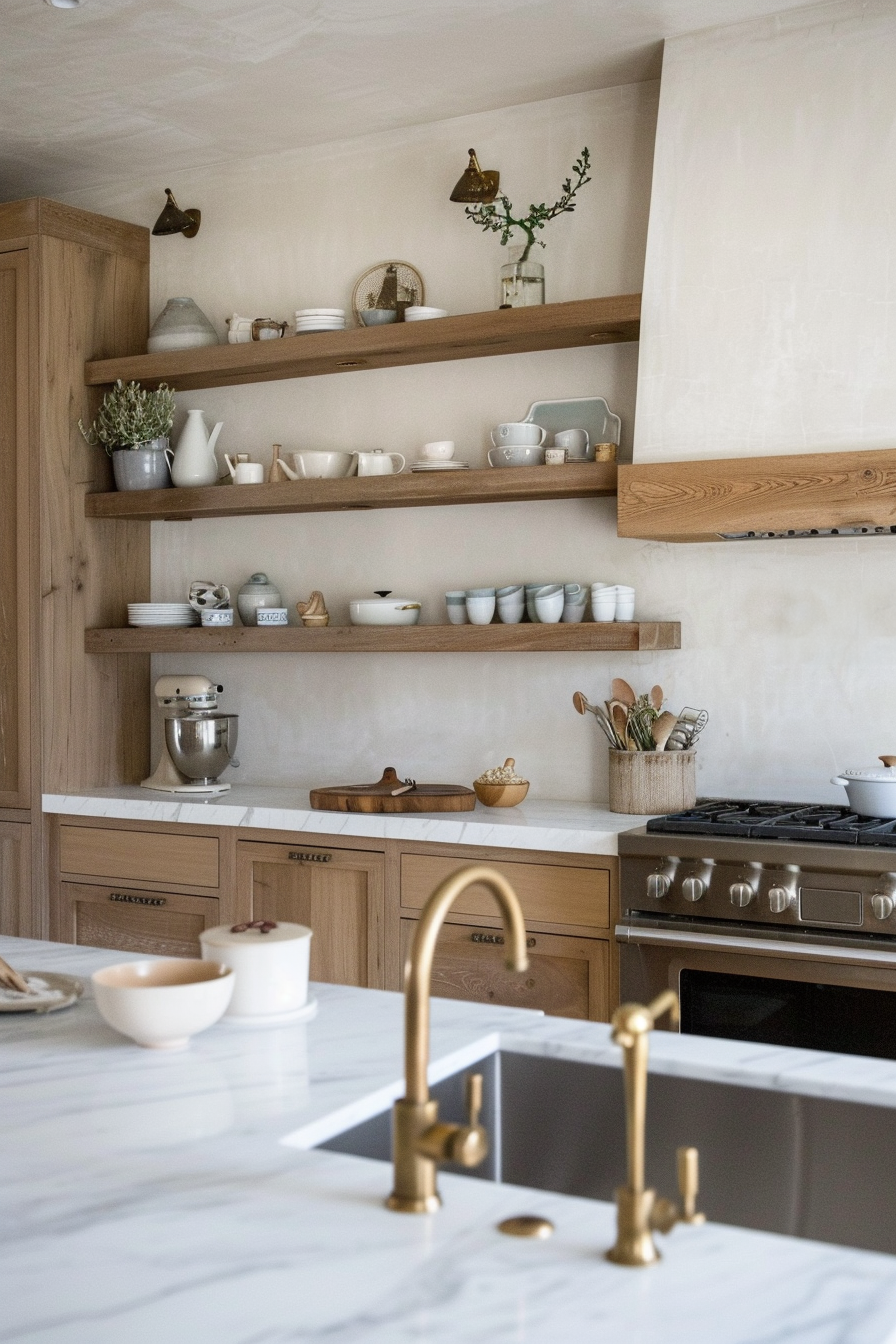 Marble worktops paired with rich wooden cabinets