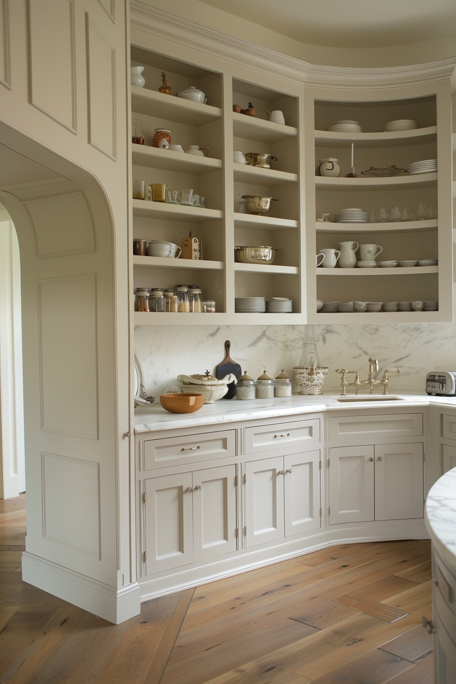 Cabinets in French style paired with rustic wood and marble