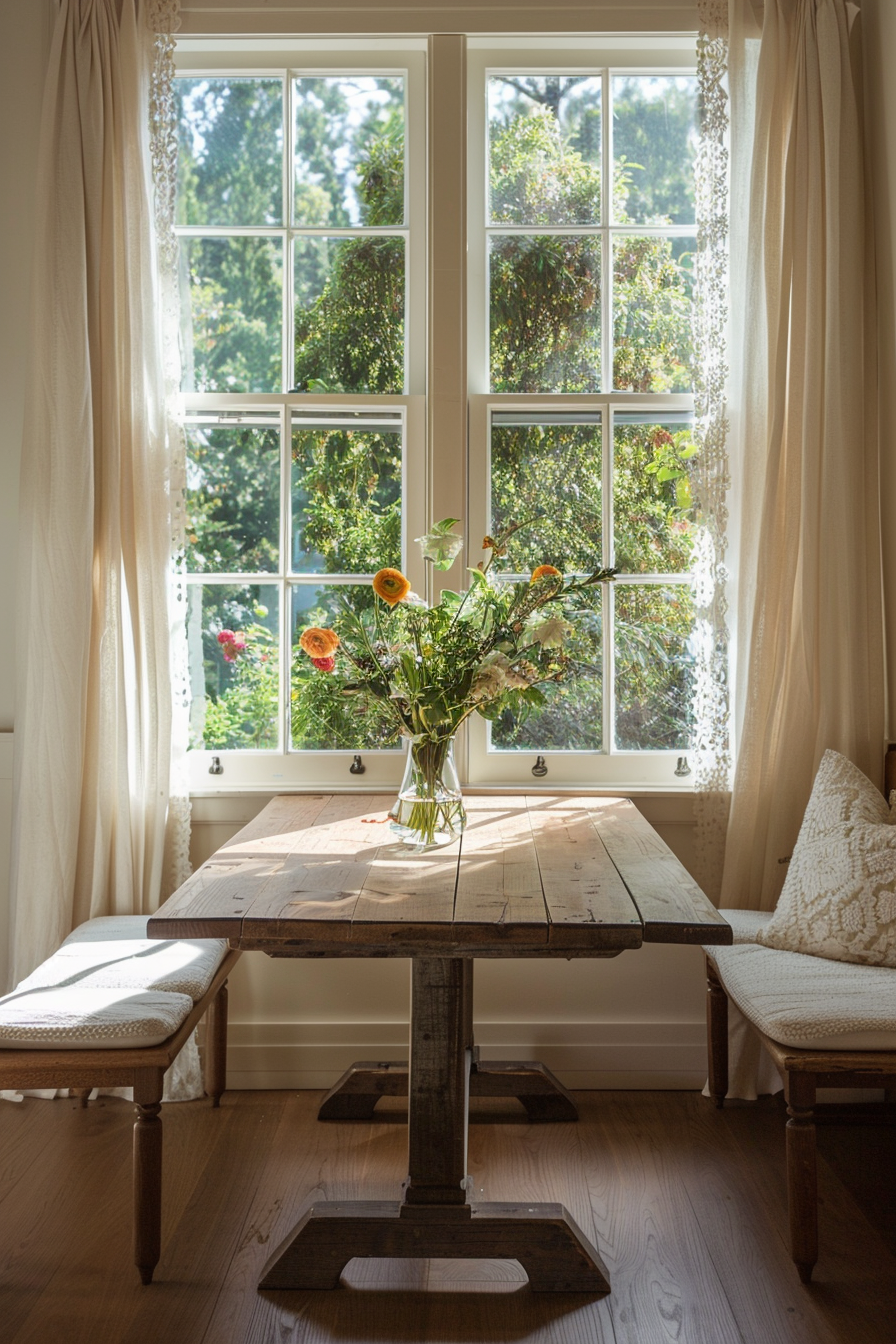 Disease ok with wooden table and padded benches