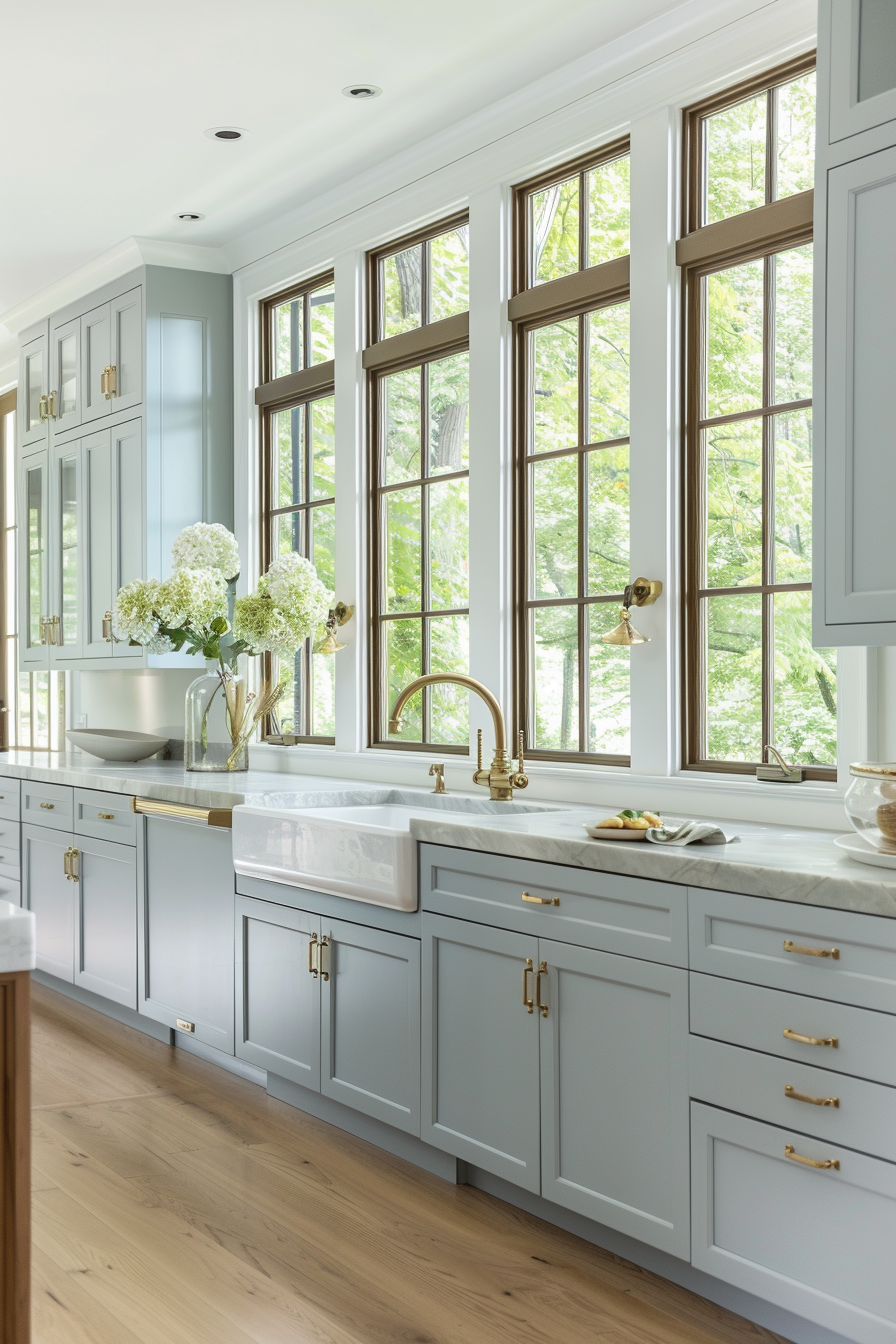 Soft gray walls and light blue cupboards in French cuisine