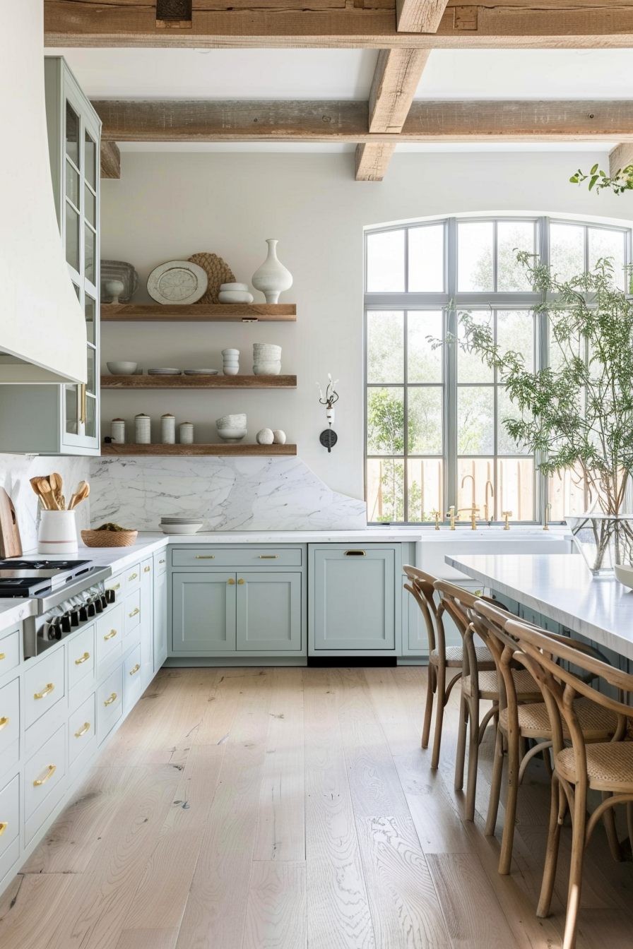 Creamy white walls and soft green cupboards