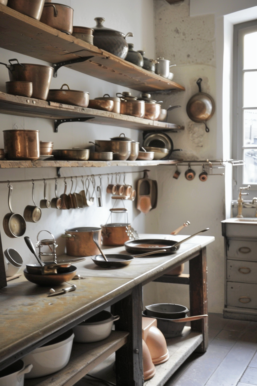 Copper pots and pans that are exhibited in French cuisine