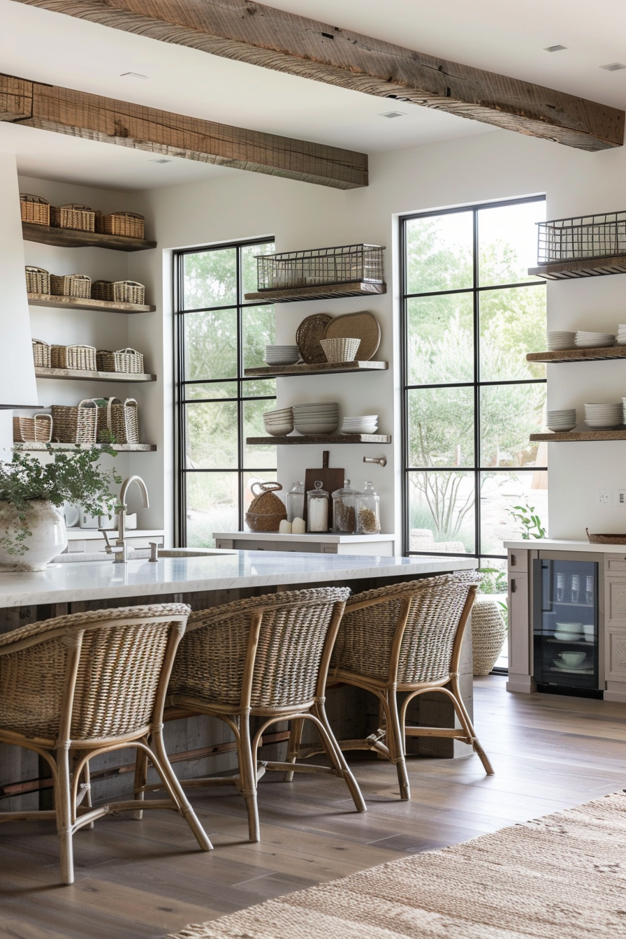 Rattan chairs with soft pillows around a wooden table