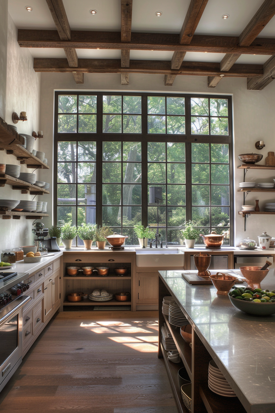 Vintage utensils and ceramic bowls exhibited