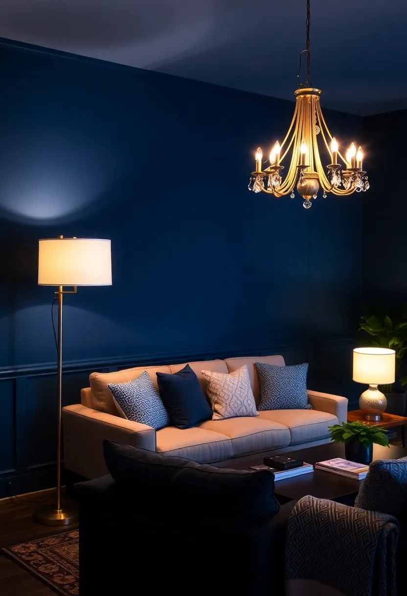 Accessorization of your dark blue living room: 15 must -have -decor -decor to supplement statement lighting -7. Layered Lighting