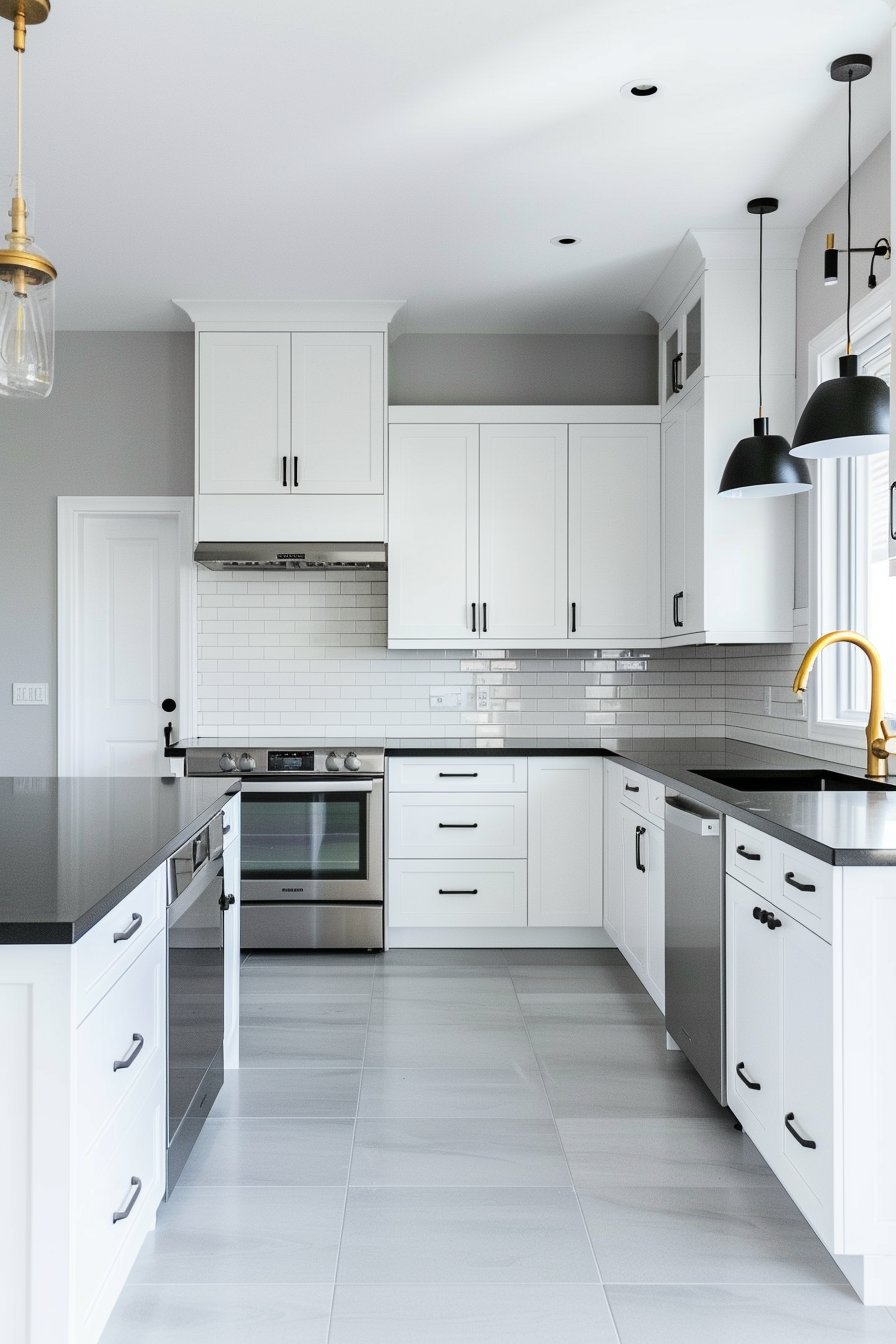 White cupboards and black worktops with a classic color palette