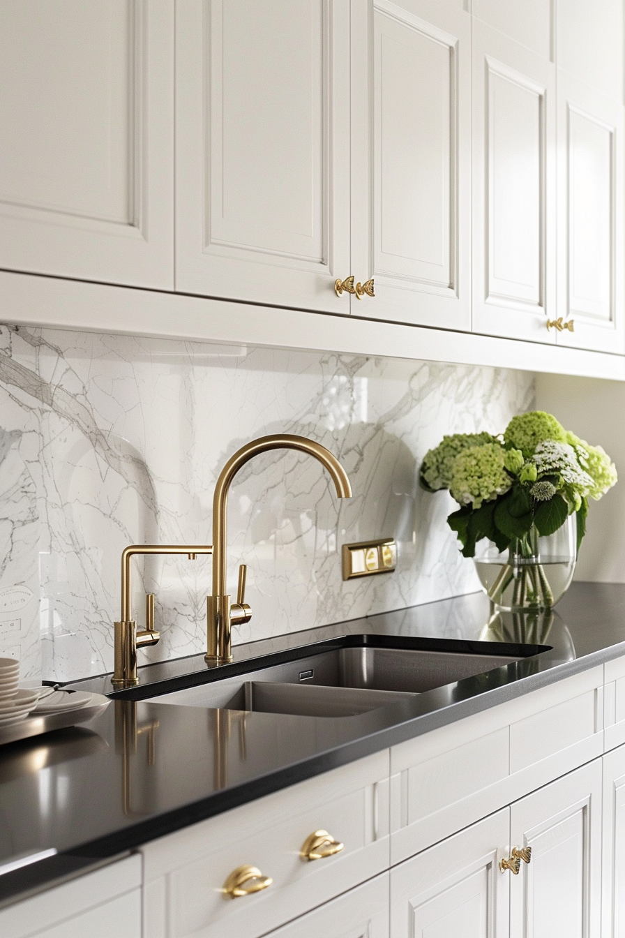 White cupboards with golden hardware and black worktops