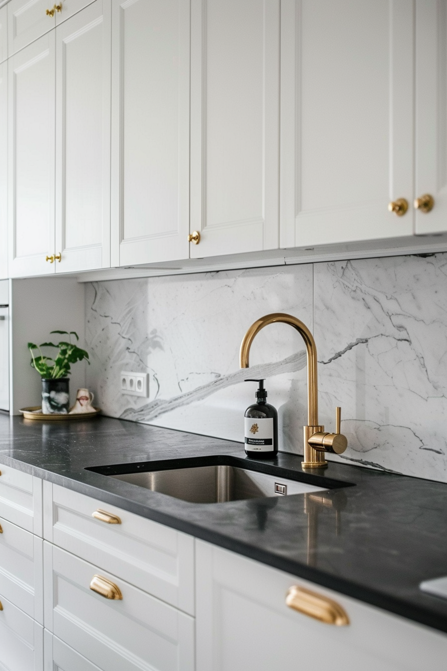 White cupboards with golden hardware and black worktops