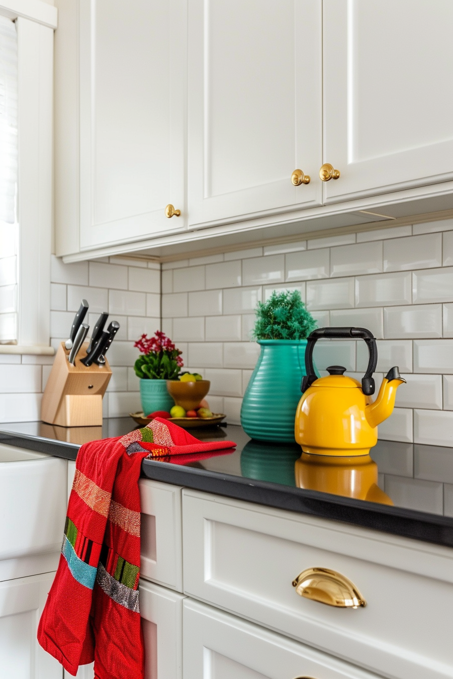 White cupboards, black worktops and colorful kitchen accessories