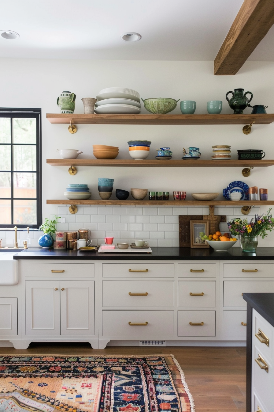 Open shelves with white cupboards and black worktops