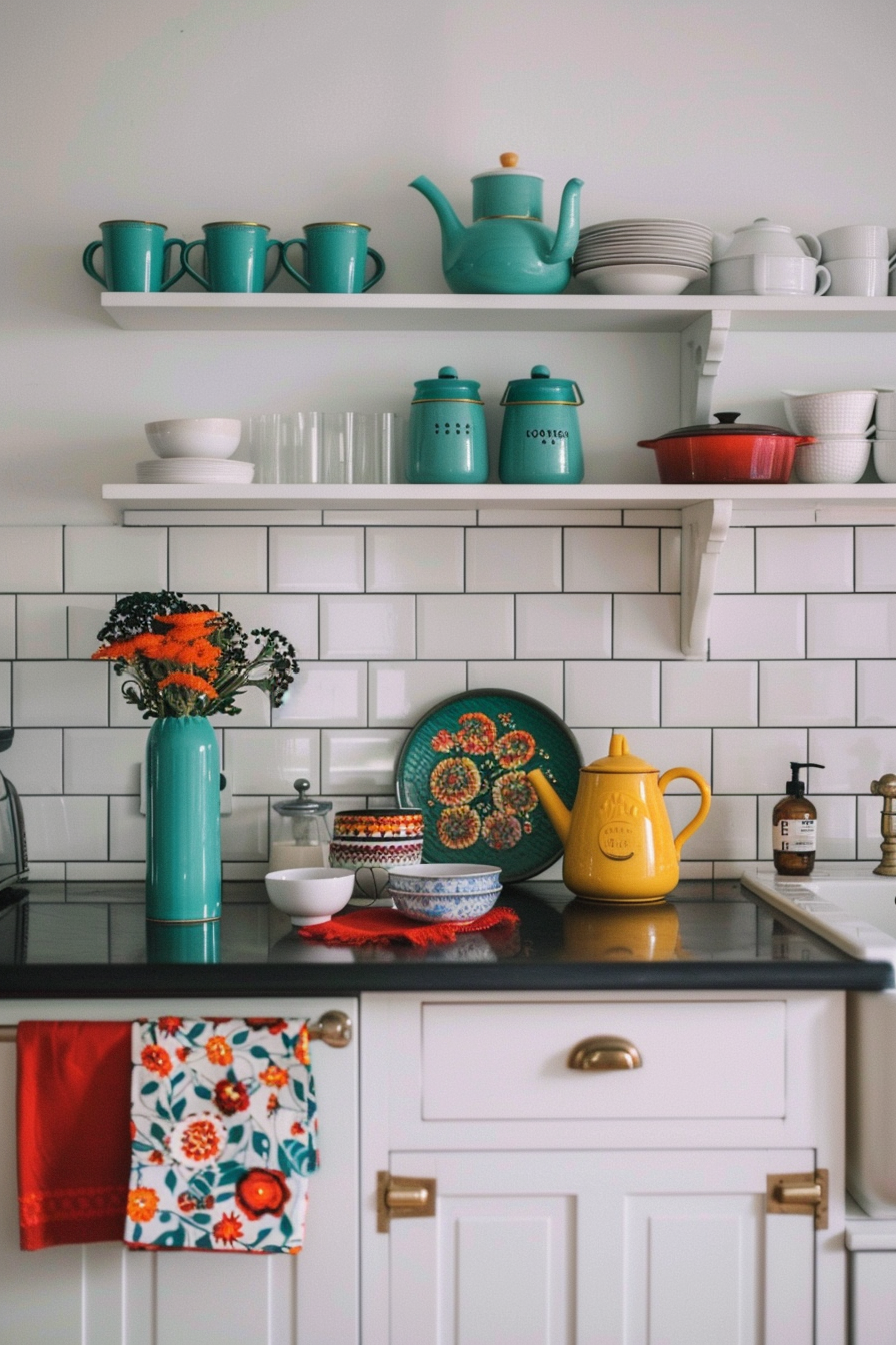 White cupboards, black worktops and colorful kitchen accessories