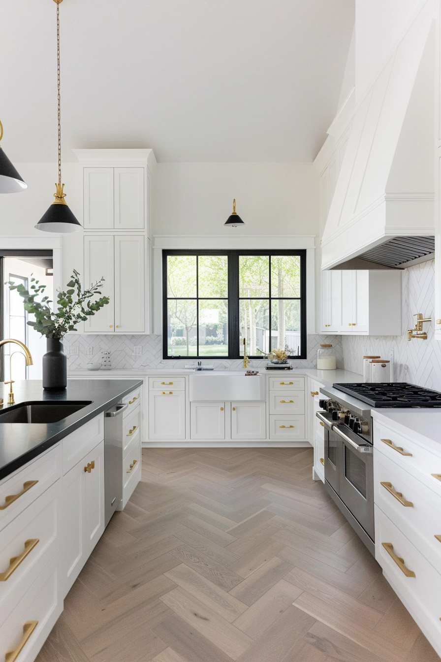 White cupboards, black worktops and a splashback of the U -Bahn tiles