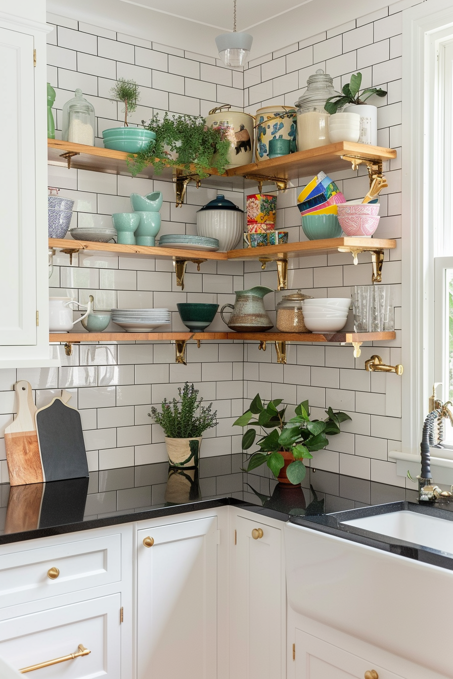 Open shelves with white cupboards and black worktops