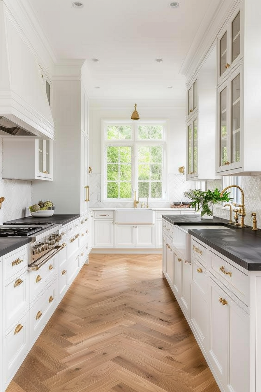 White cupboards, black worktops and a splashback of the U -Bahn tiles