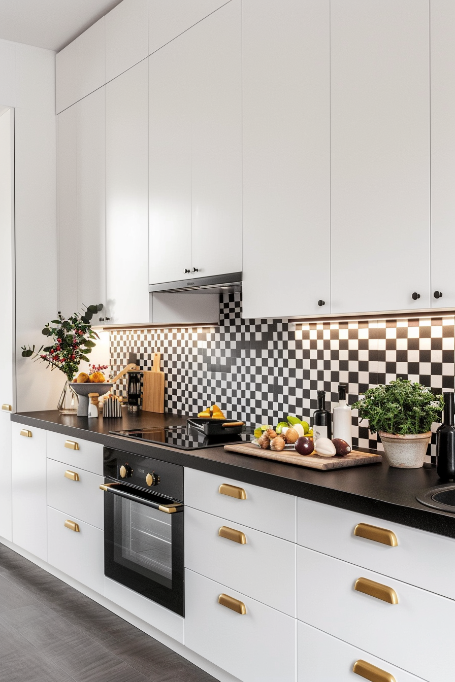 White cupboards, black worktops and a geometric splashback